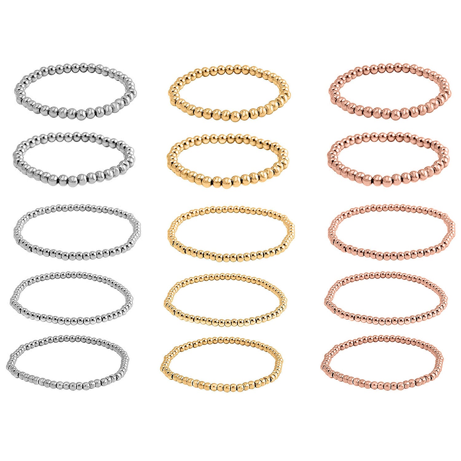 EverTrue Set of 15 Beaded Stretch Bracelet in ION Plated YRG and Stainless Steel