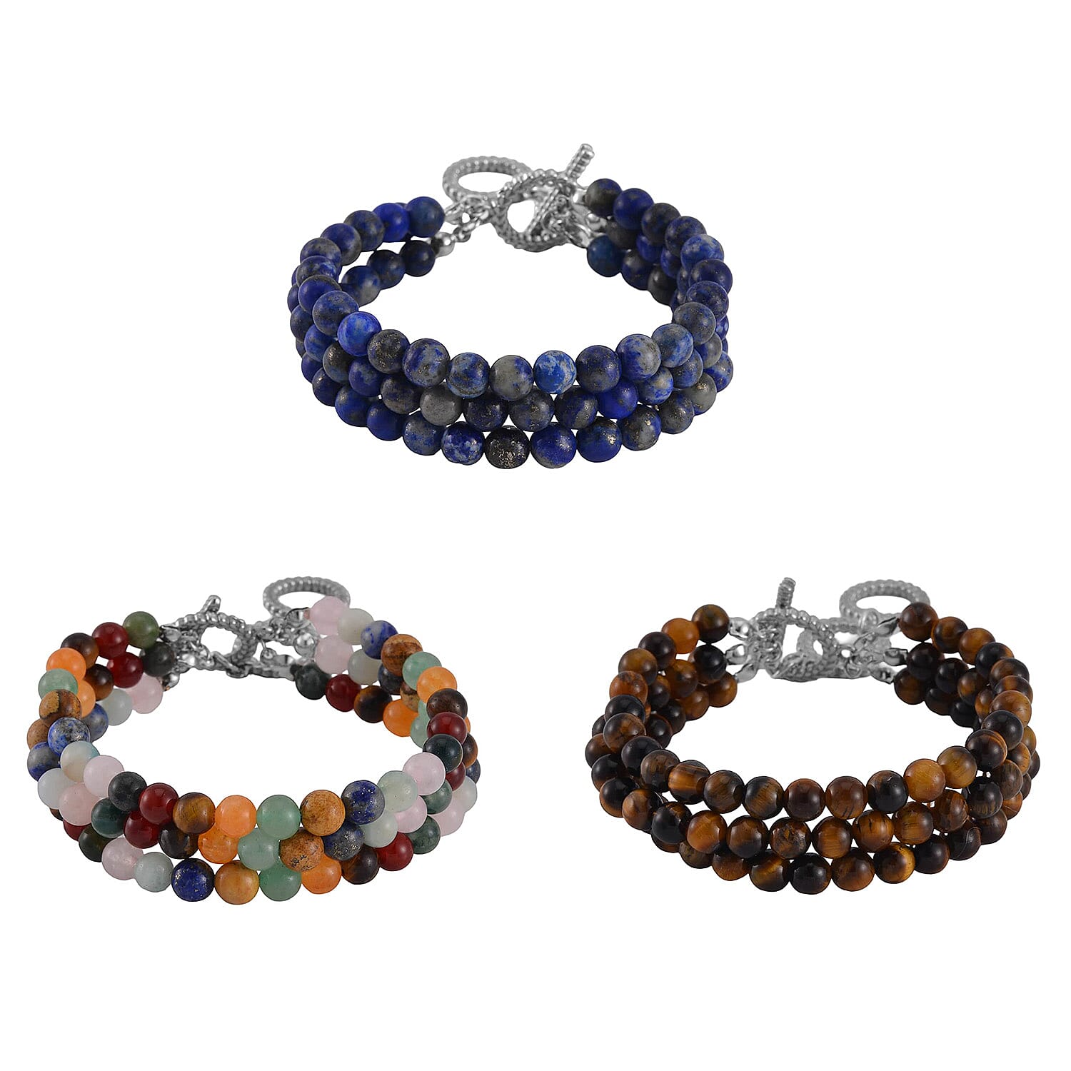 Set of 3, Yellow Tiger's Eye, Lapis Lazuli and Multi Agate Beaded Triple Row Bracelet in Silvertone 428.00 ctw