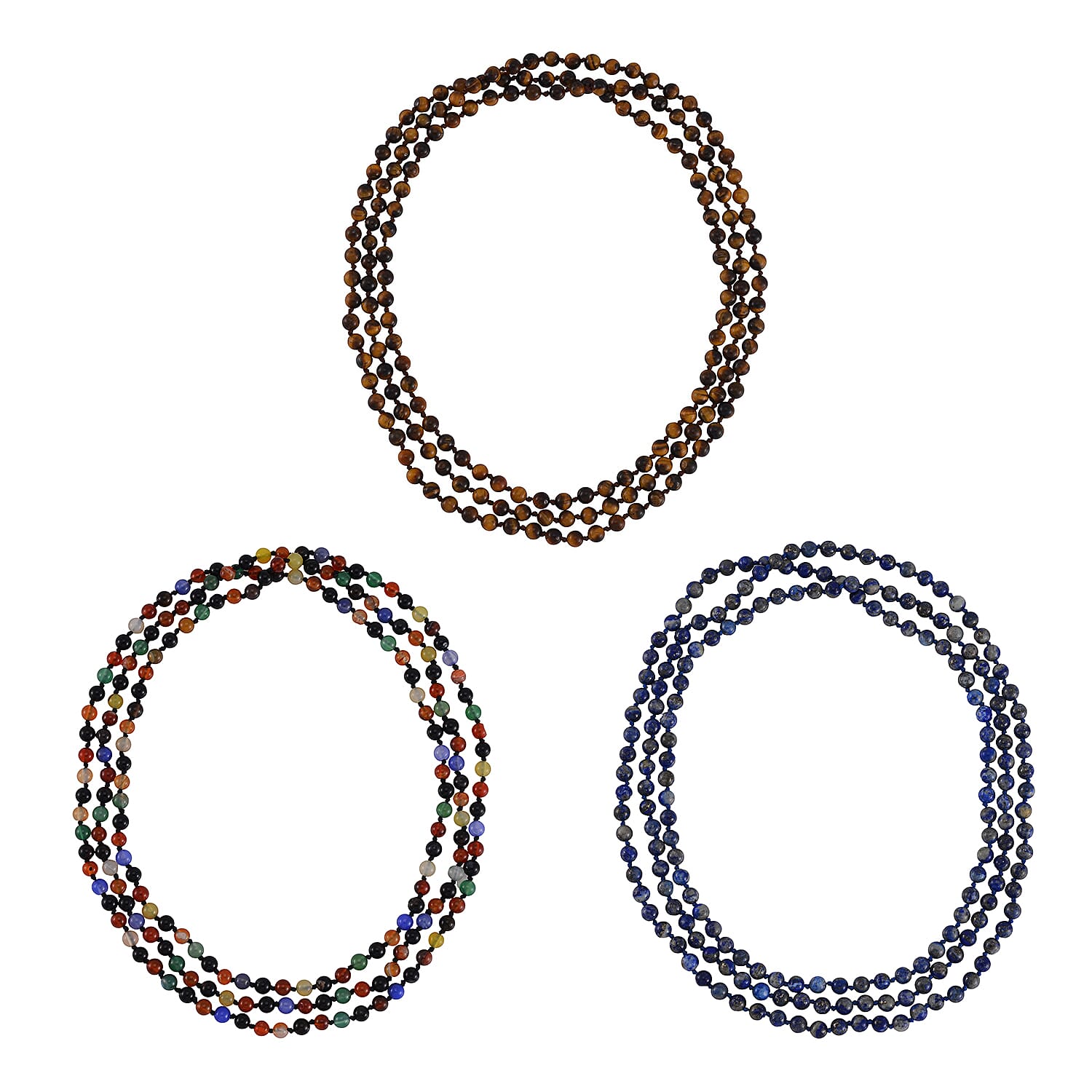 Set of 3 Yellow Tigers Eye, Lapis Lazuli and Multi Gemstone Beaded Endless Necklace (60 Inches) 1126.50 ctw