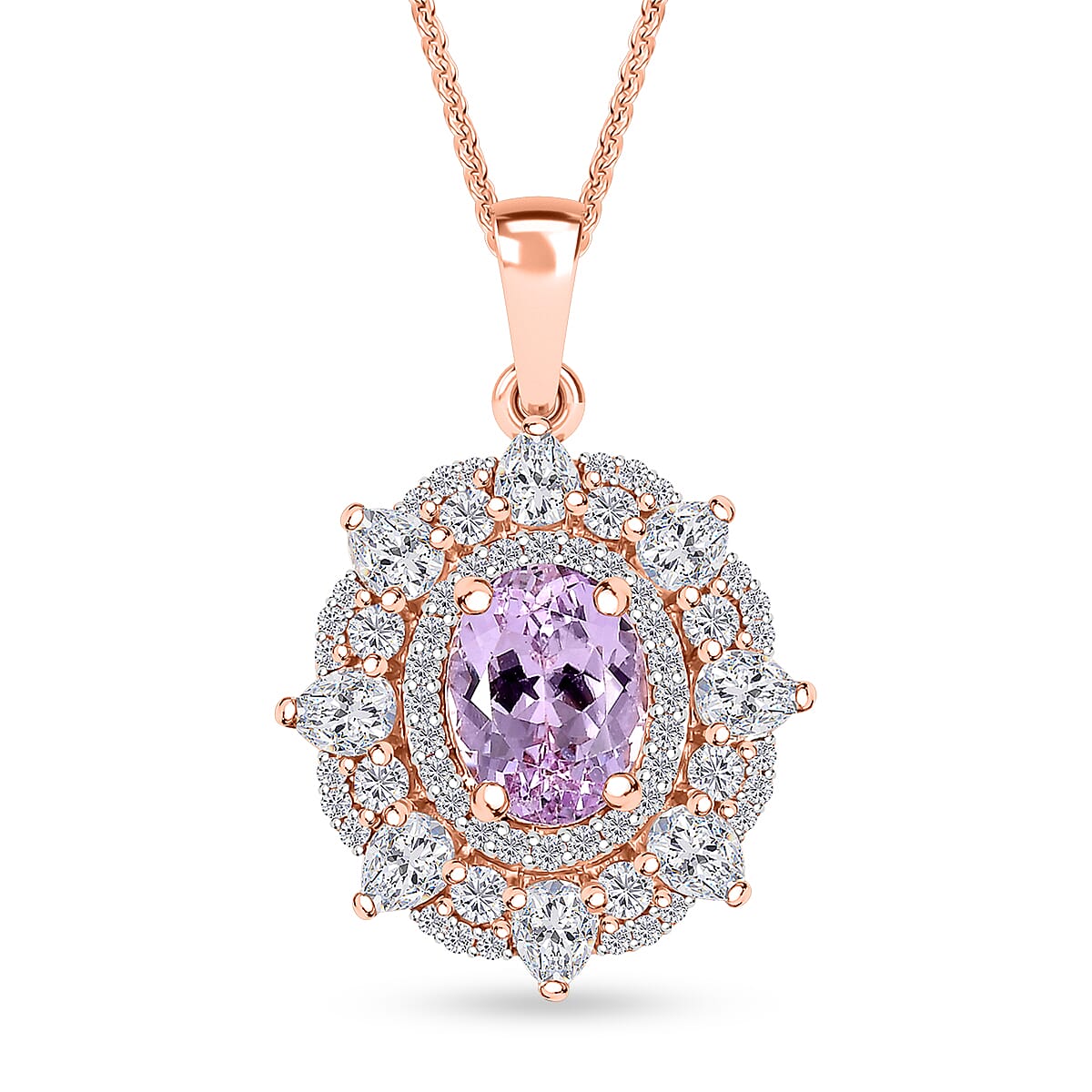 Martha Rocha Kunzite and Moissanite 4.20 ctw Celtic Love Knot Pendant Necklace in 18K Vermeil Rose Gold Over Sterling Silver 20 Inches