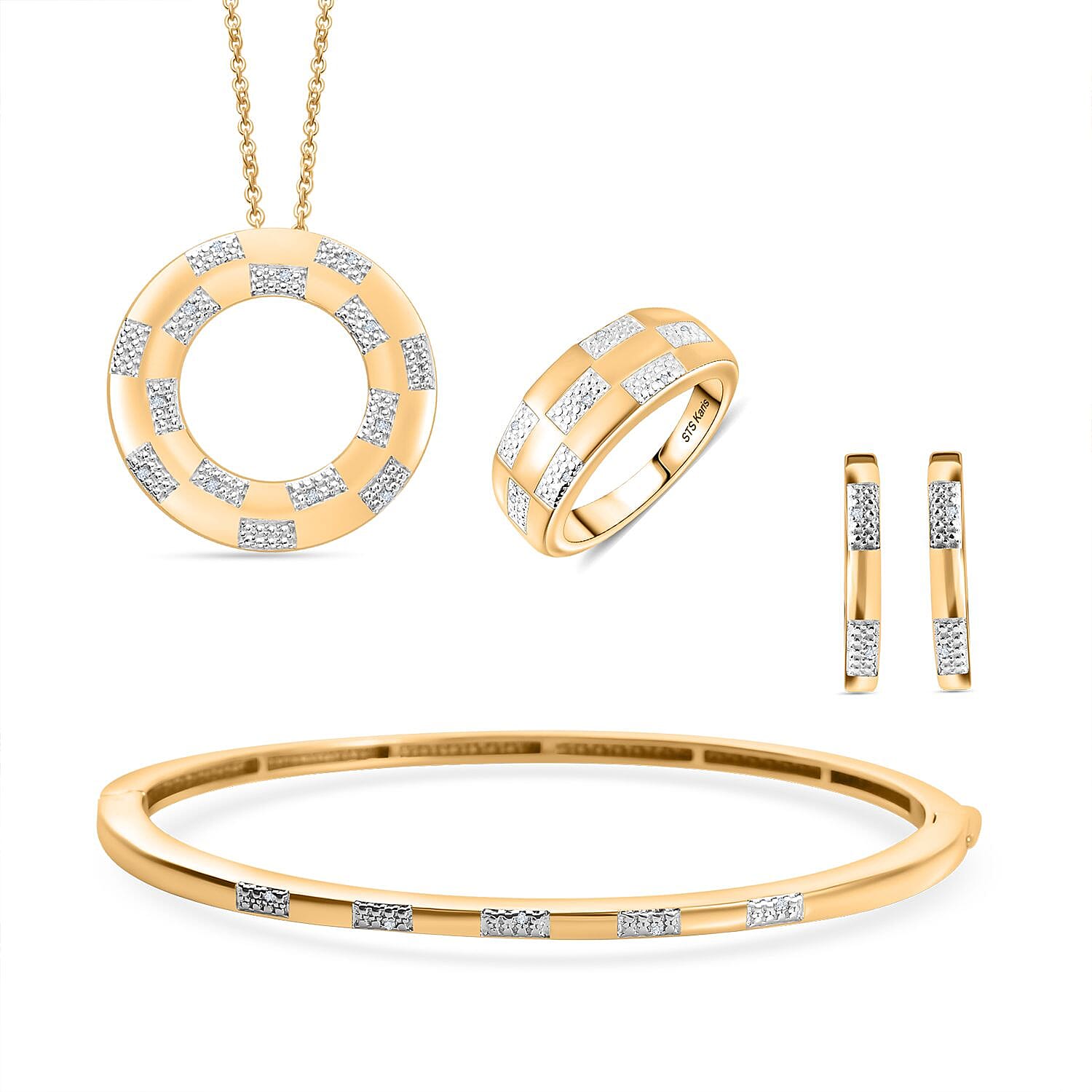 Karis Diamond Bangle Bracelet (7.25In), Earrings, Ring (Size 5) and Pendant in 18K YG Plated with ION Plated YG Stainless Steel Necklace (20 Inches) 0.10 ctw