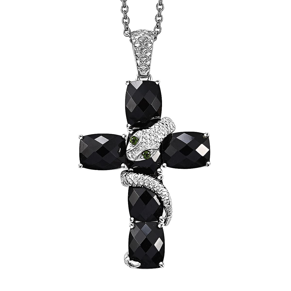 Karis Thai Black Spinel and Chrome Diopside 19.30 ctw Serpent Cross Pendant in Platinum Bond with Stainless Steel Necklace 24 Inches