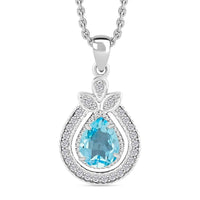 Blue Topaz and Simulated Diamond 2.85 ctw Teardrop Pendant Necklace in Silvertone 18 Inches