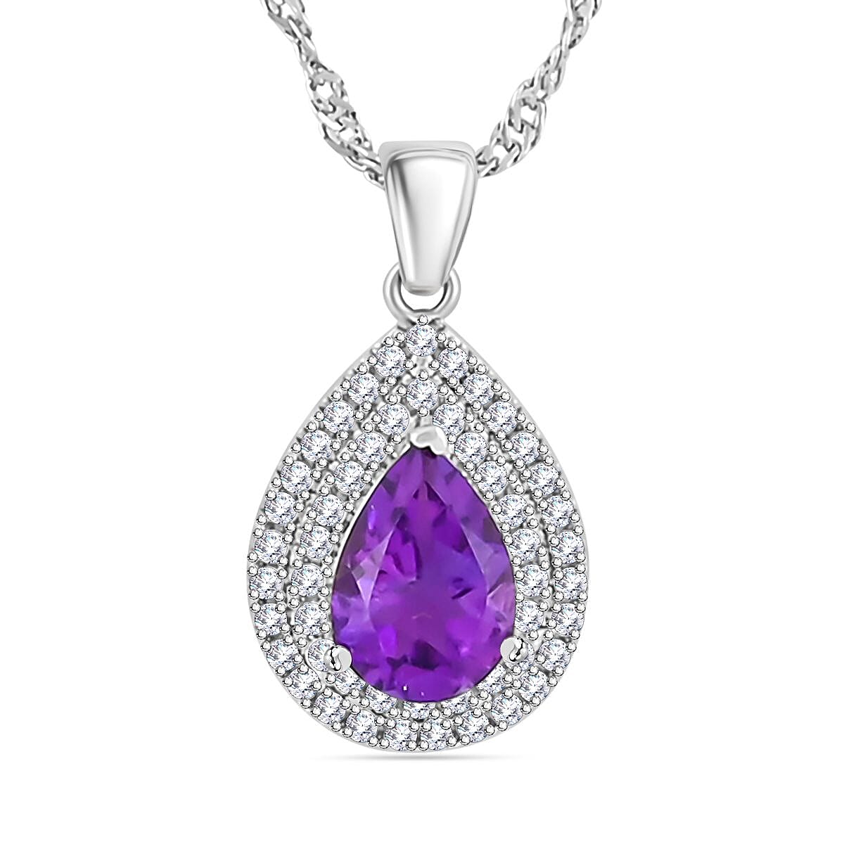 African Amethyst and Simulated Diamond 3.00 ctw Pendant Necklace in Silvertone 18 Inches