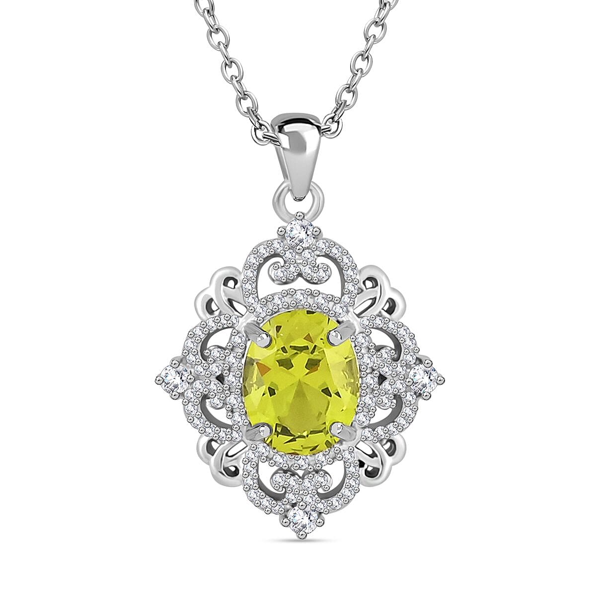 Simulated Peridot and Simulated Diamond 2.80 ctw Pendant Necklace in Silvertone 18 Inches
