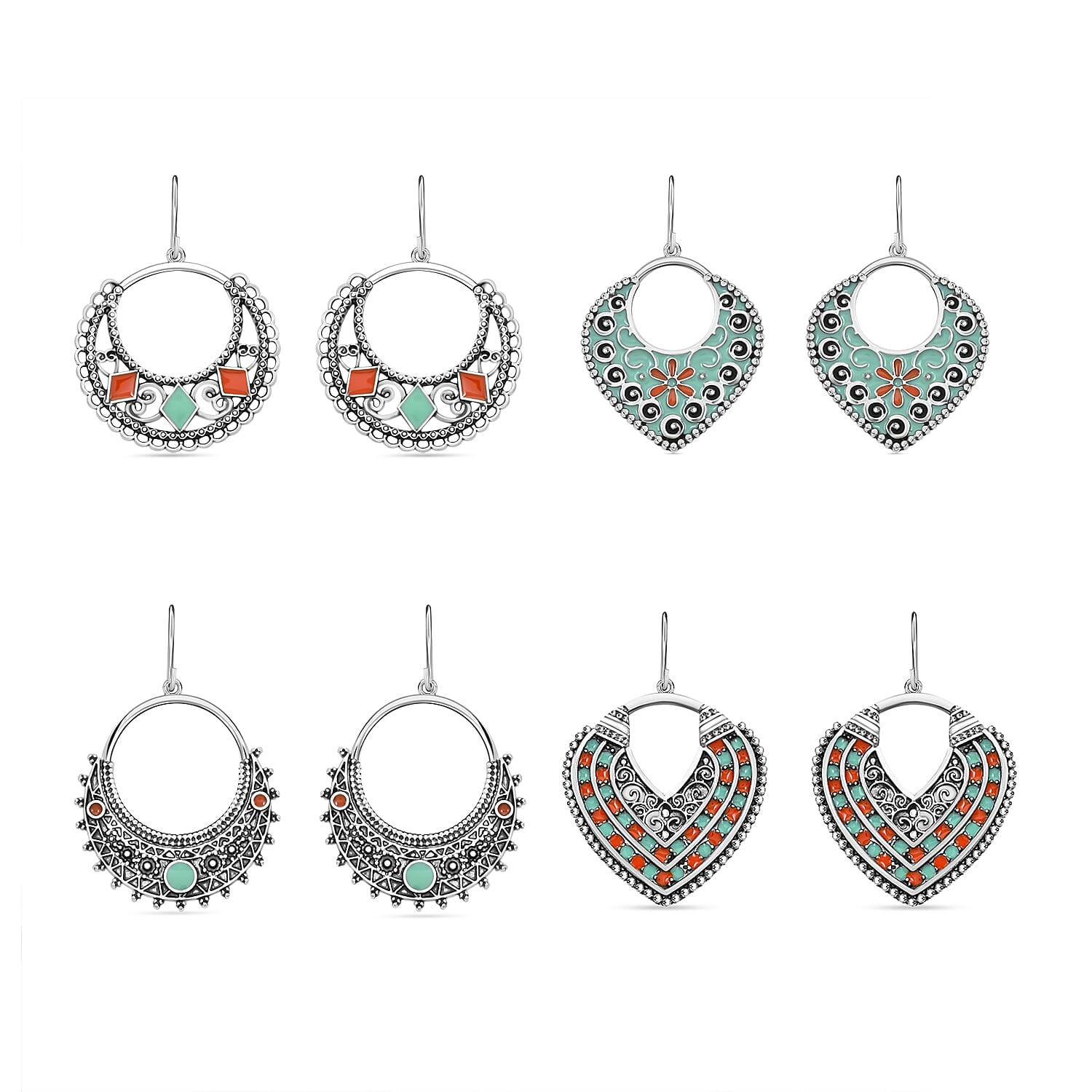 Set of 4 Canon Sky Enamel Bohemian Earrings in Silvertone