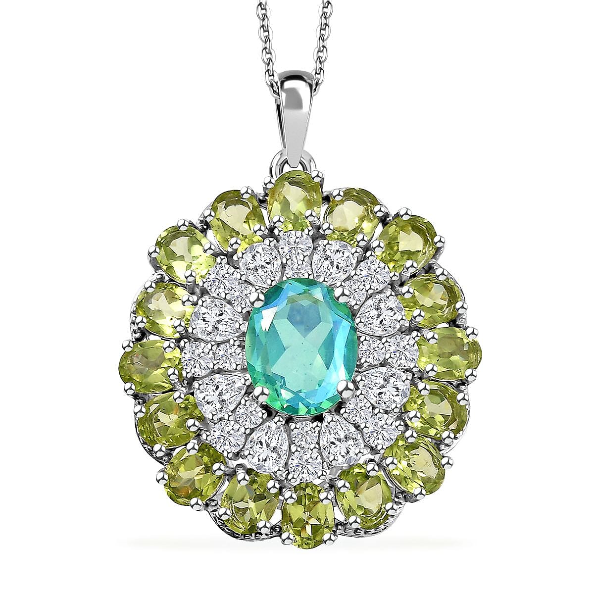 Peacock Quartz (Triplet) and Multi Gemstone 12.00 ctw Botanic Bloom Pendant Necklace in Rhodium Over Sterling Silver 20 Inches