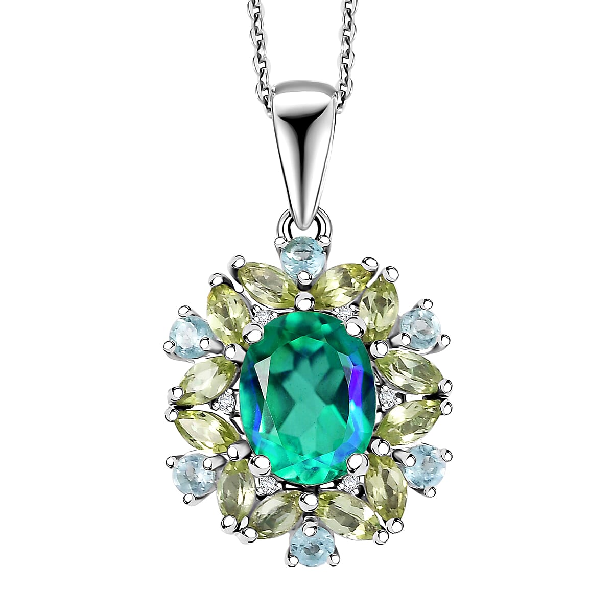 Peacock Quartz (Triplet) and Multi Gemstone 3.60 ctw Peacock Petal Pendant Necklace in Rhodium Over Sterling Silver 20 Inches