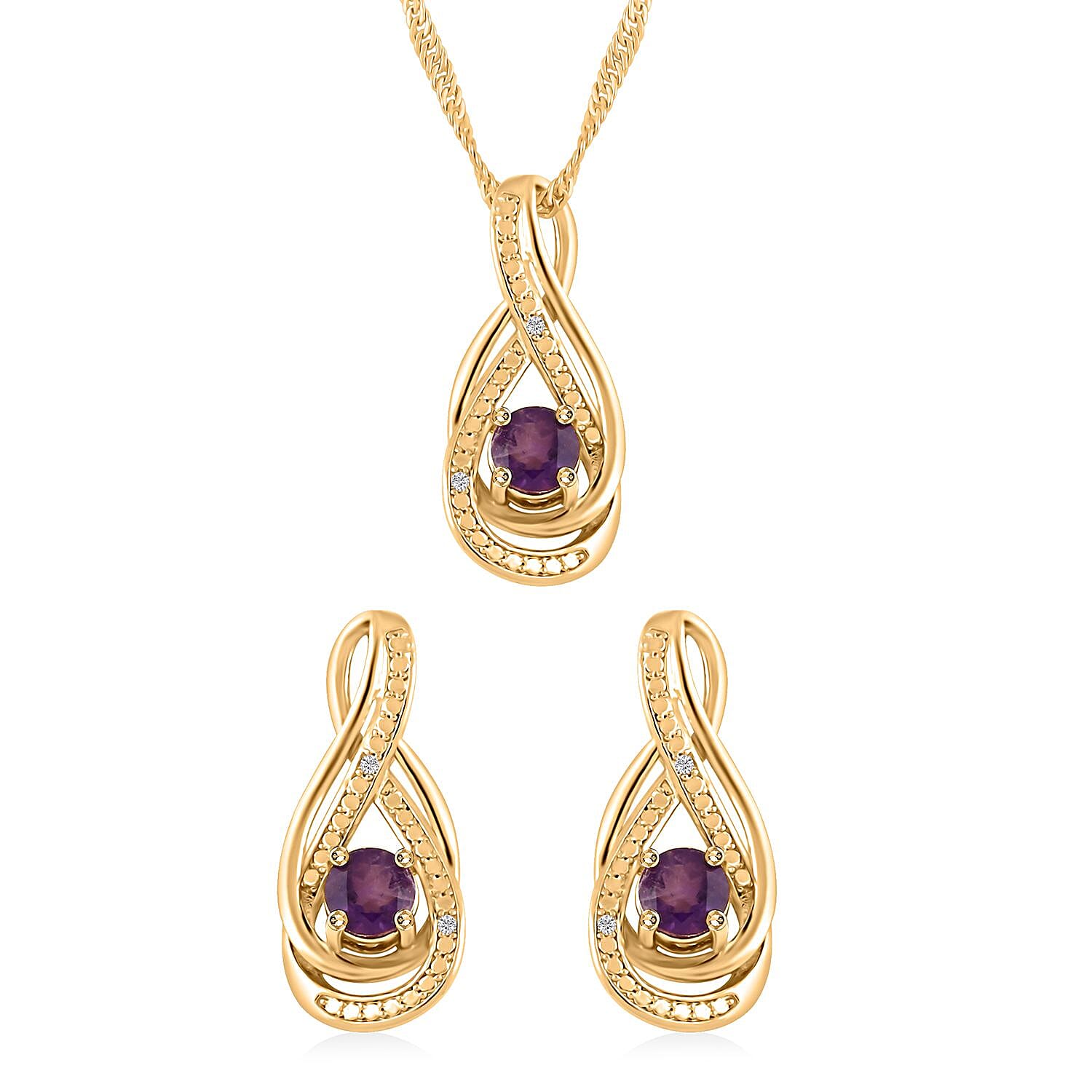 Simulated Amethyst and Simulated Diamond 2.00 ctw Earrings and Pendant Necklace in Goldtone 18 Inches