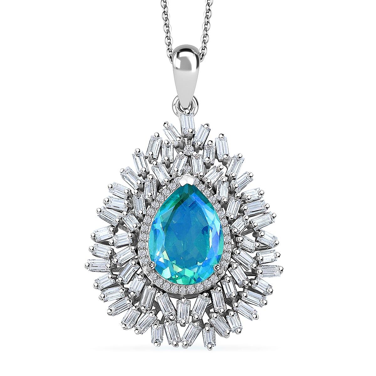 Peacock Quartz (Triplet) and Moissanite 8.30 ctw Aurora Cascade Pendant Necklace in Rhodium Over Sterling Silver 20 Inches