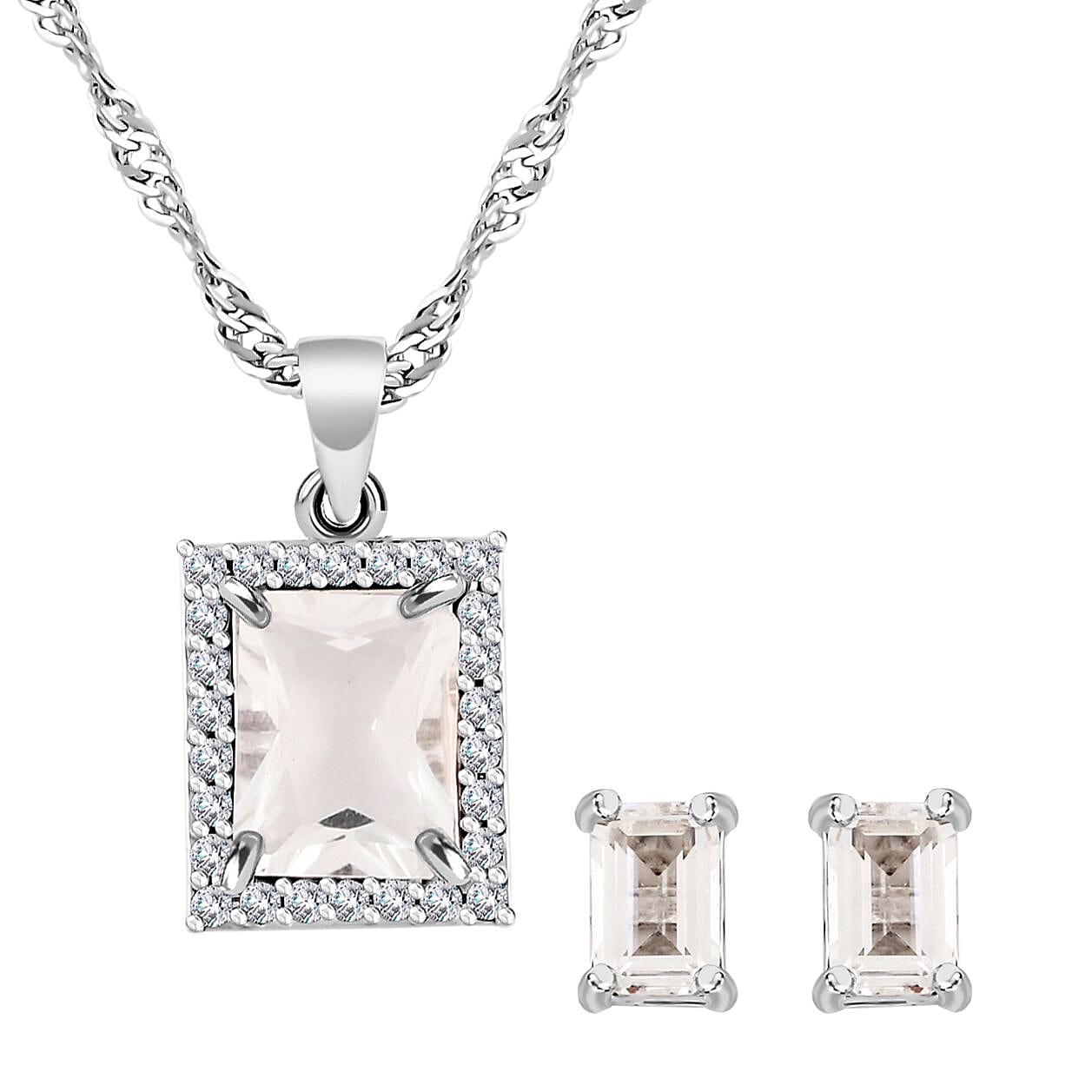 White Quartz and Simulated Diamond 3.75 ctw Earrings and Pendant Necklace in Silvertone 18 Inches