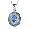 Ceylon Blue Sapphire and Blue and White Diamond 1.35 ctw Midnight Halo Pendant Necklace in Rhodium Over Sterling Silver 20 Inches - Sticky add to cart bar