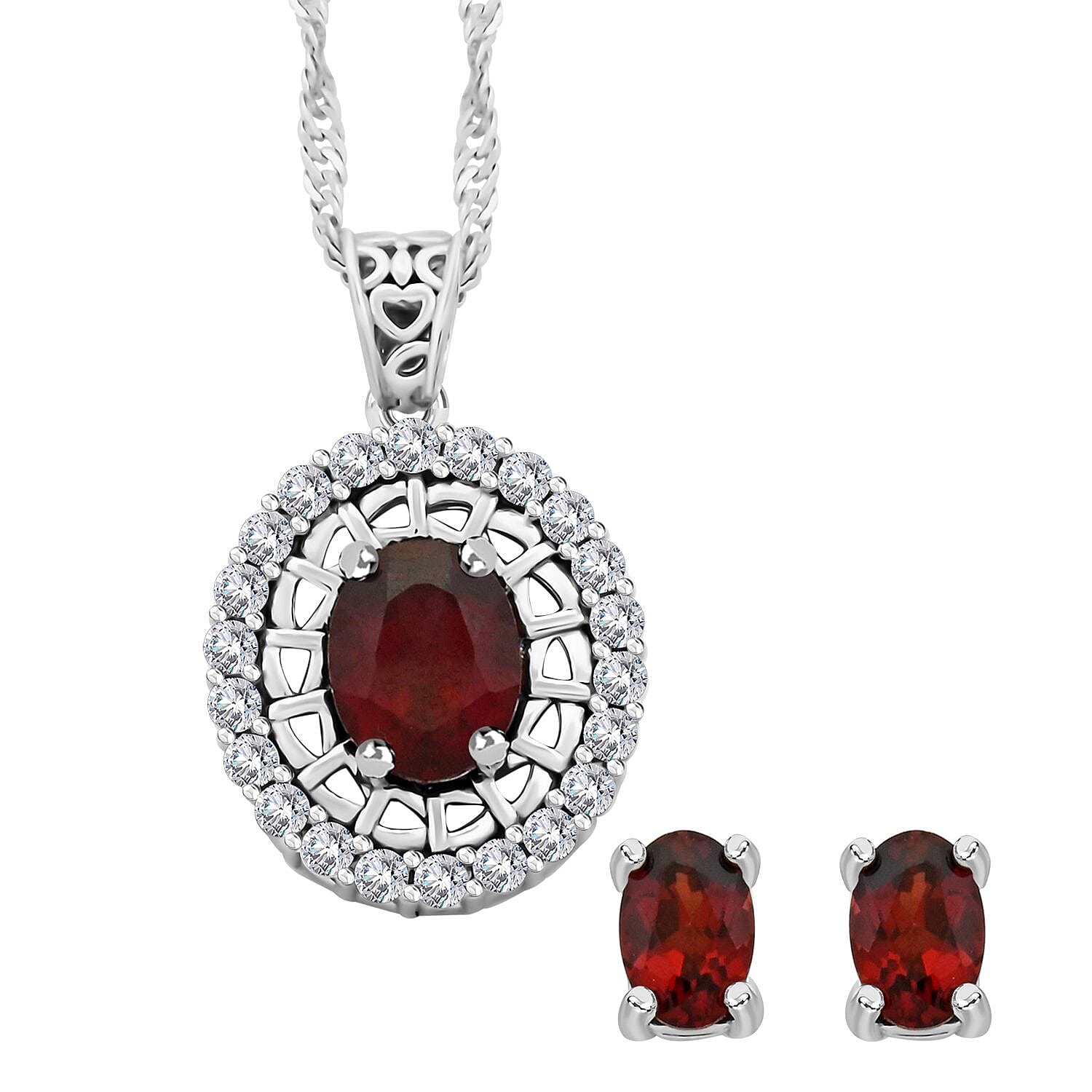 Simulated Garnet and Simulated Diamond 3.15 ctw Earrings, Pendant Necklace in Silvertone 18 Inches