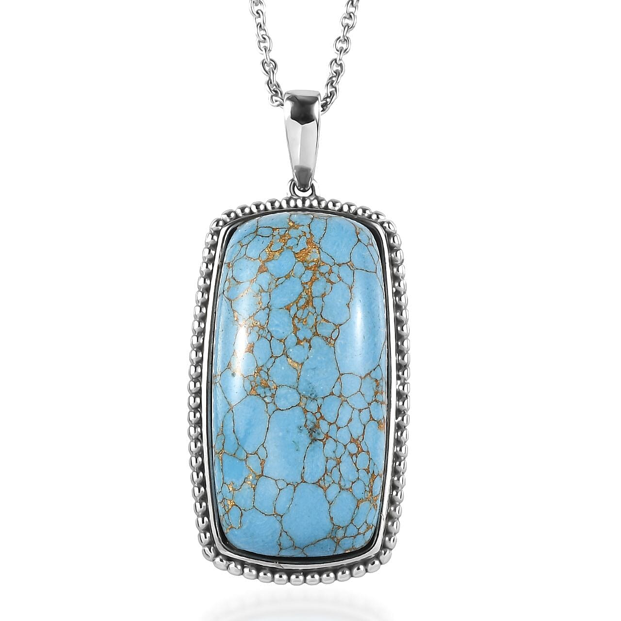 Mojave Blue Turquoise Pendant Necklace (20 Inches) in Stainless Steel 24.80 ctw