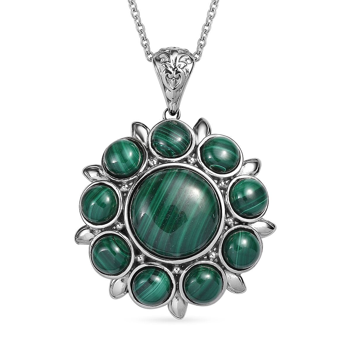 African Malachite Floral Pendant Necklace (20 Inches) in Stainless Steel 23.00 ctw