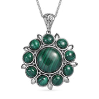 African Malachite Floral Pendant Necklace (20 Inches) in Stainless Steel 23.00 ctw