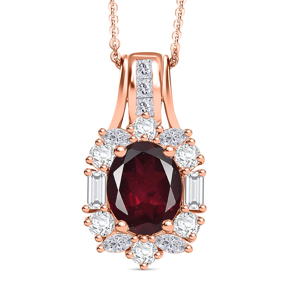 Doorbuster Orissa Rhodolite Garnet, Moissanite Pendant Necklace (20 Inches) in 18K Vermeil RG Over Sterling Silver 3.90 ctw