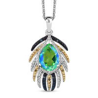 Peacock Quartz (Triplet) and Multi Diamond 2.25 ctw Peacock Feather Pendant Necklace in Rhodium Over Sterling Silver 20 Inches