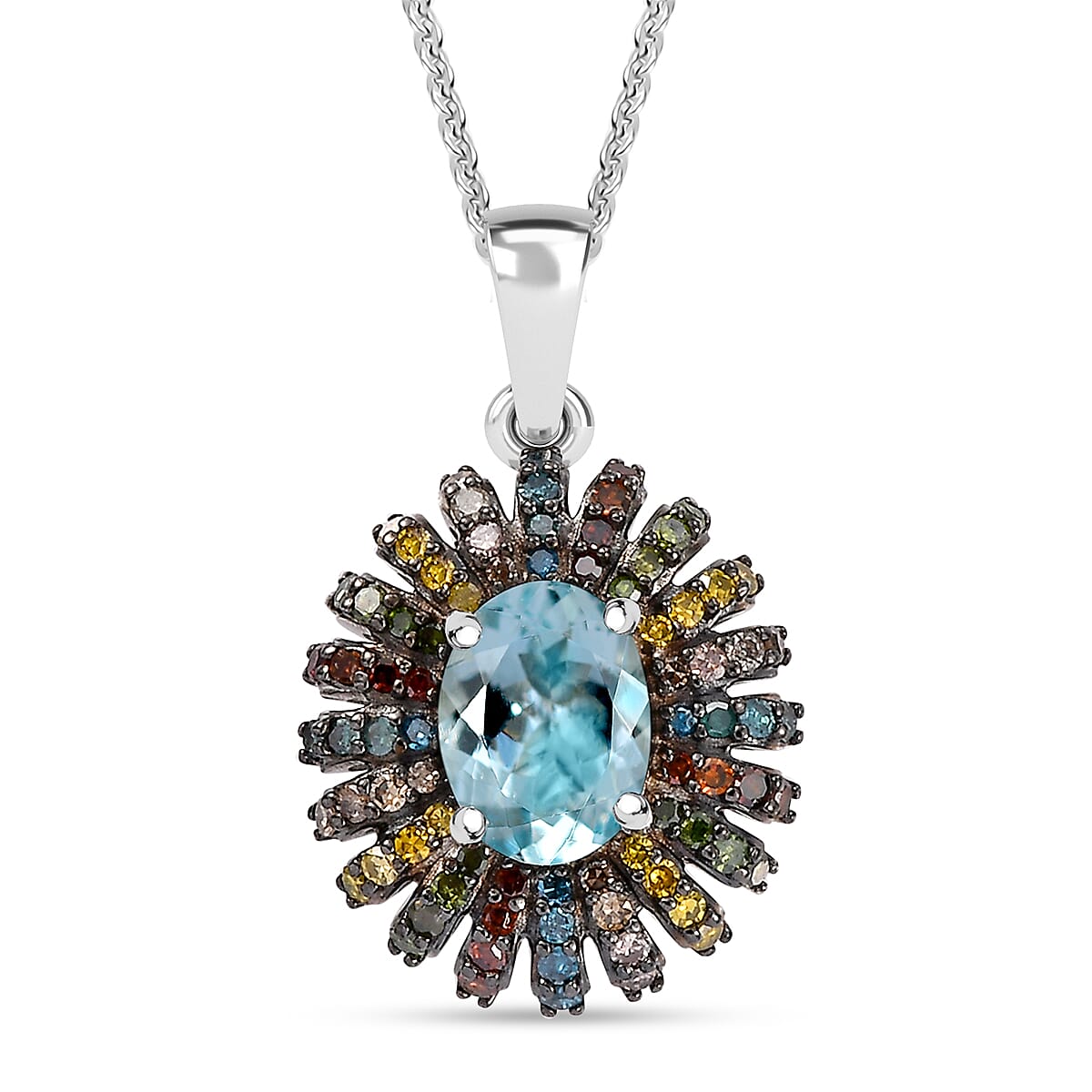 Premium Santa Maria Aquamarine and Multi Color Diamond 1.50 ctw Pendant Necklace in Rhodium Over Sterling Silver 20 Inches