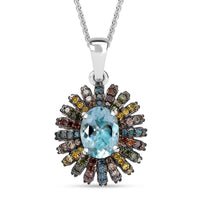 Premium Santa Maria Aquamarine and Multi Color Diamond 1.50 ctw Pendant Necklace in Rhodium Over Sterling Silver 20 Inches