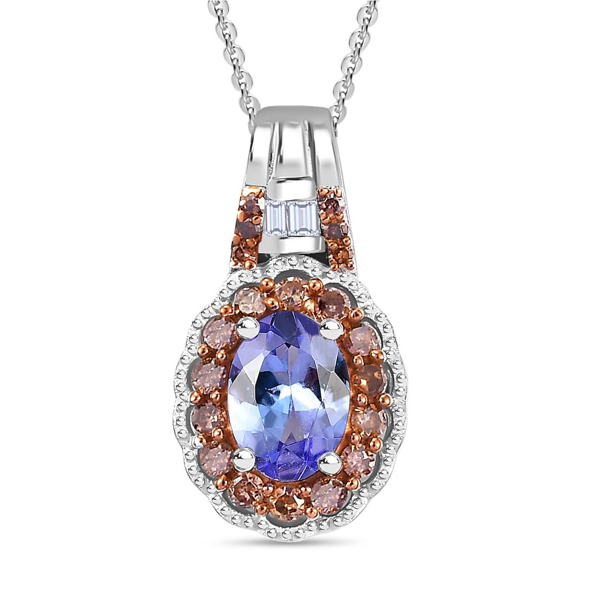 TLV Tanzanite, Natural Champagne and White Diamond (0.25 cts) Pendant Necklace (20 Inches) in Rhodium Over Sterling Silver 1.00 ctw