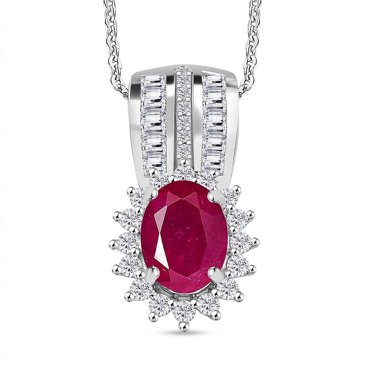 Doorbuster Mozambique Ruby, Moissanite Pendant Necklace (20 Inches) in Rhodium Over Sterling Silver 2.30 ctw