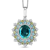 Peacock Quartz (Triplet) and Multi Gemstone 8.15 ctw Dancing Peacock Pendant Necklace 20 Inches in Rhodium Over Sterling Silver
