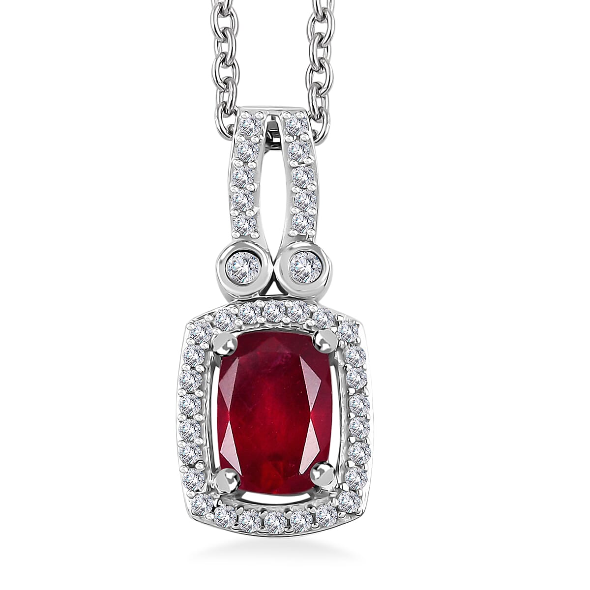 Niassa Ruby (FF) and White Zircon 1.70 ctw Twilight Blossom Pendant in Rhodium Over Sterling Silver with Stainless Steel Necklace 20 Inches