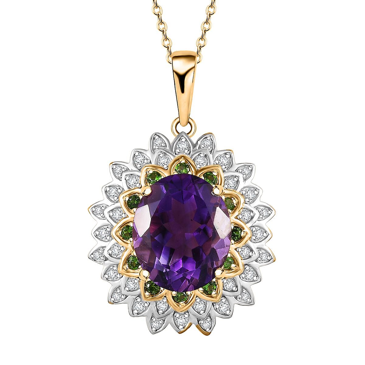 Moroccan Amethyst and Multi Gemstone 5.15 ctw Sunflower Pendant Necklace in 18K Vermeil Yellow Gold Over Sterling Silver 20 Inches