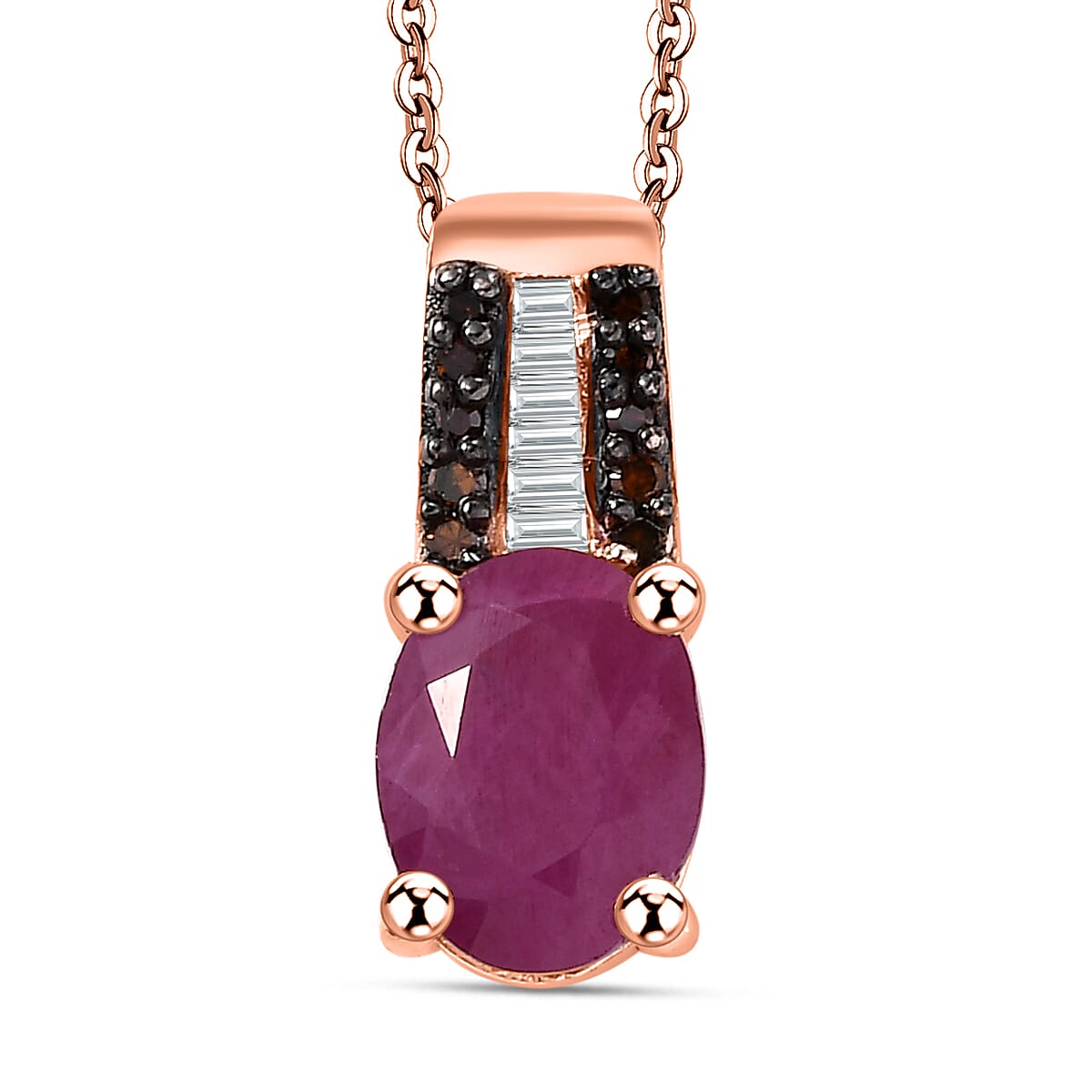 Premium Royal Ruby, Diamond and Red Diamond 1.60 ctw Bridge Pendant Necklace in 18K Vermeil Rose Gold Over Sterling Silver 20 Inches