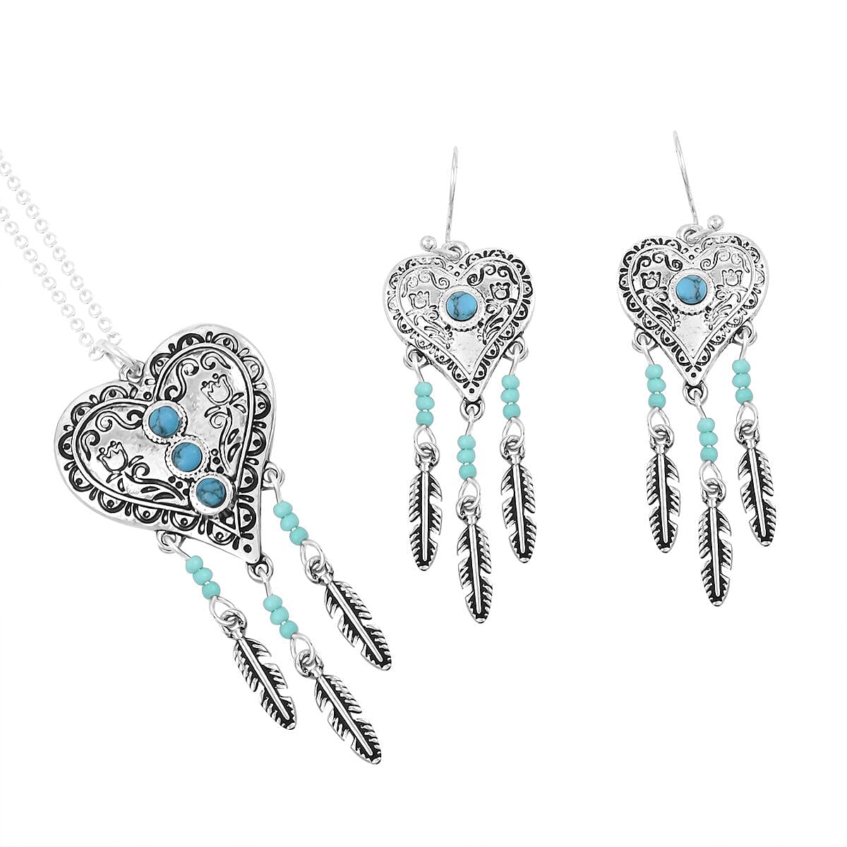 Turquoise 0.25 ctw Heart Necklace and Earrings in Silvertone 18 Inches