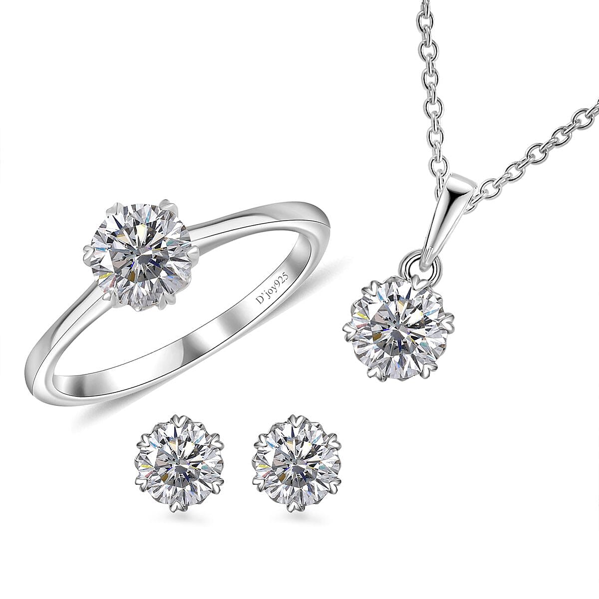 Moissanite Earrings, Solitaire Ring (Size 5.0), Pendant in Rhodium Over Sterling Silver with Stainless Steel Necklace (20 Inches) 2.35 ctw