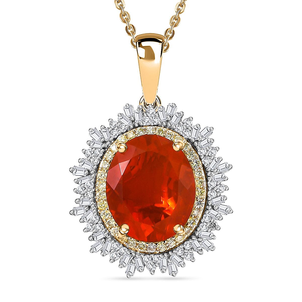 Luxoro Premium Crimson Fire Opal, Natural Yellow and White Diamond 3.70 ctw Sunrise Pendant Necklace in 14K Yellow Gold 18 Inches
