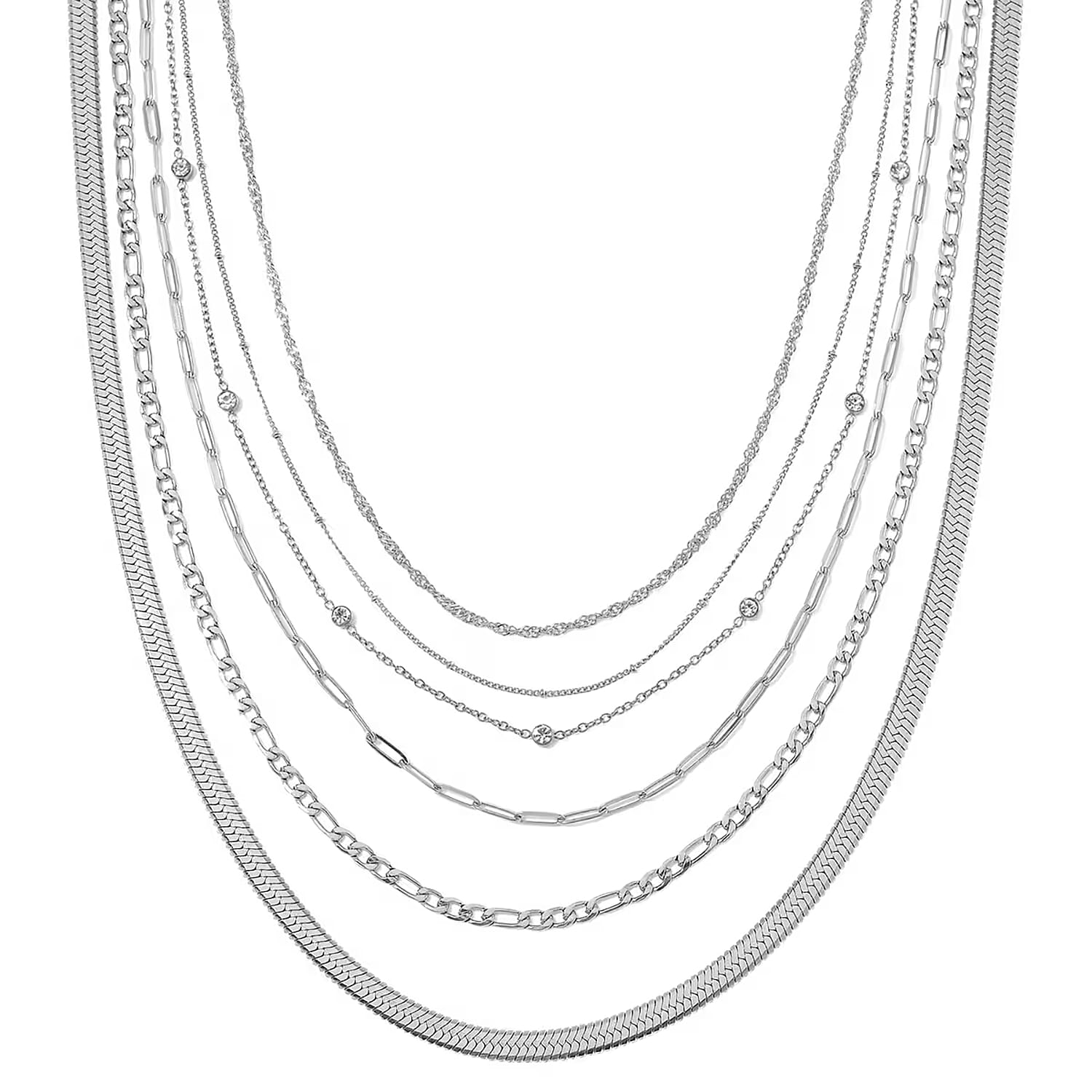 Set of 6 Paper Clip, Figaro, Snake, Beaded, Rope and Crystal Chain Necklace (16, 18, 20, 22, 24, 26 Inches) in Stainless Steel