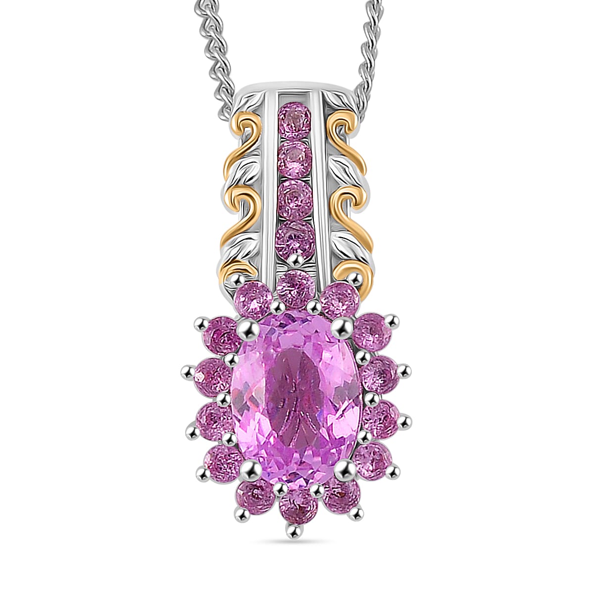 Martha Rocha Kunzite and Madagascar Pink Sapphire 1.40 ctw Pendant Necklace in 18K Vermeil YG and Rhodium Over Sterling Silver 20 Inches