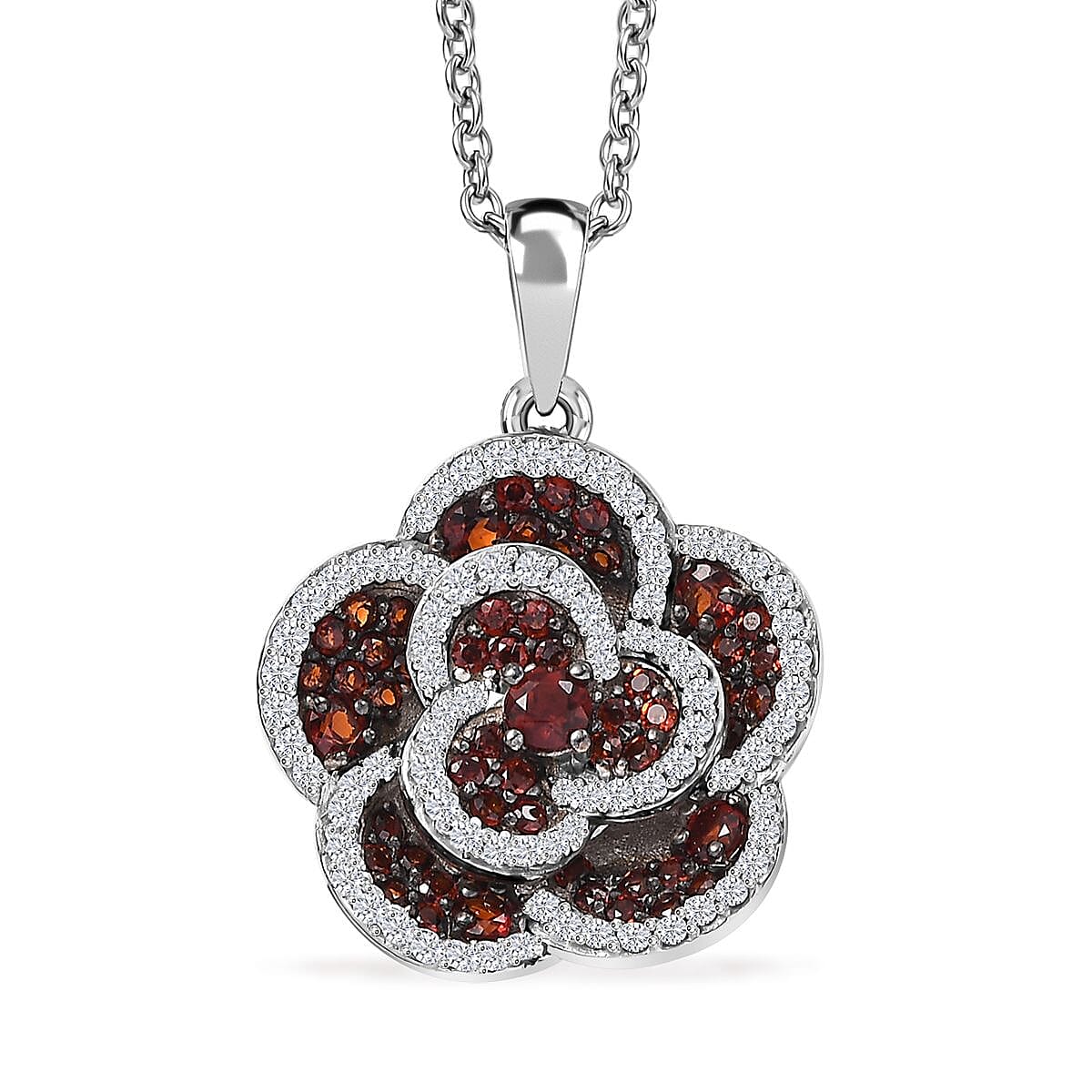 Mozambique Garnet and White Zircon 1.90 ctw Flower Pendant in Platinum Over Sterling Silver with Stainless Steel Necklace 20 Inches