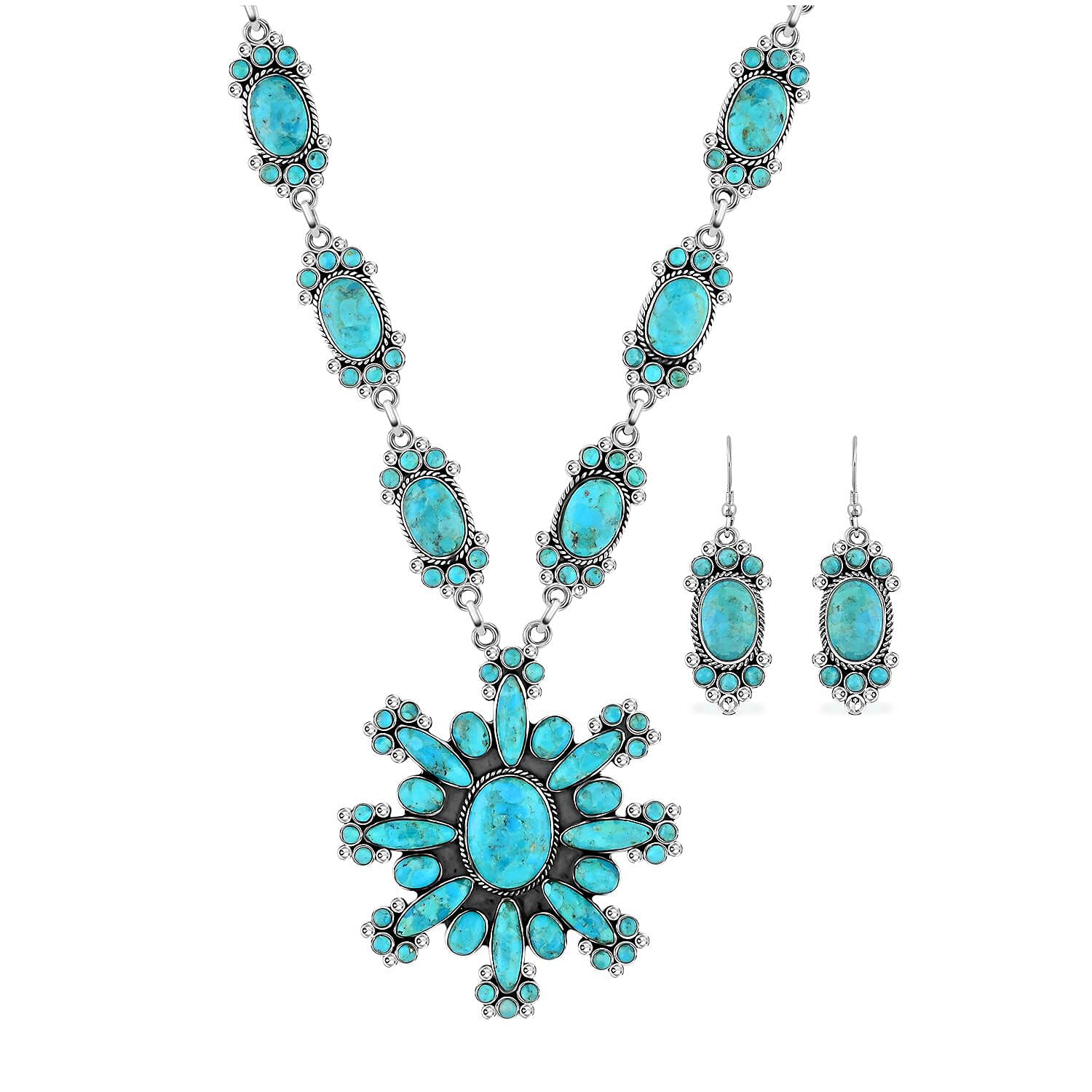 Santa Fe Style Kingman Turquoise Necklace (18 Inches) and Earrings in Sterling Silver 326.50 ctw