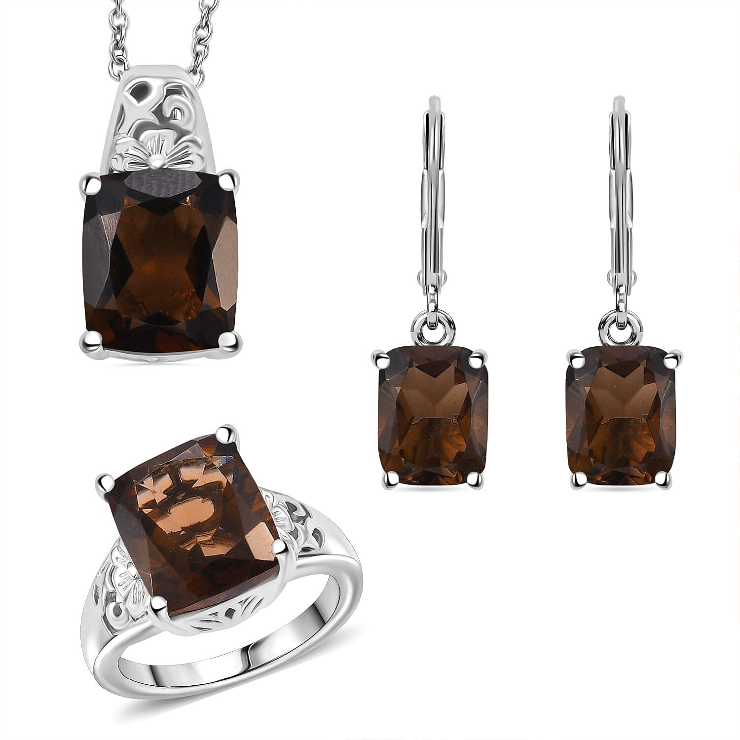 Doorbuster Karis Brazilian Smoky Quartz Earrings, Ring (Size 5.0), Pendant in Platinum Bond with Stainless Steel Necklace (20 Inches) 15.10 ctw