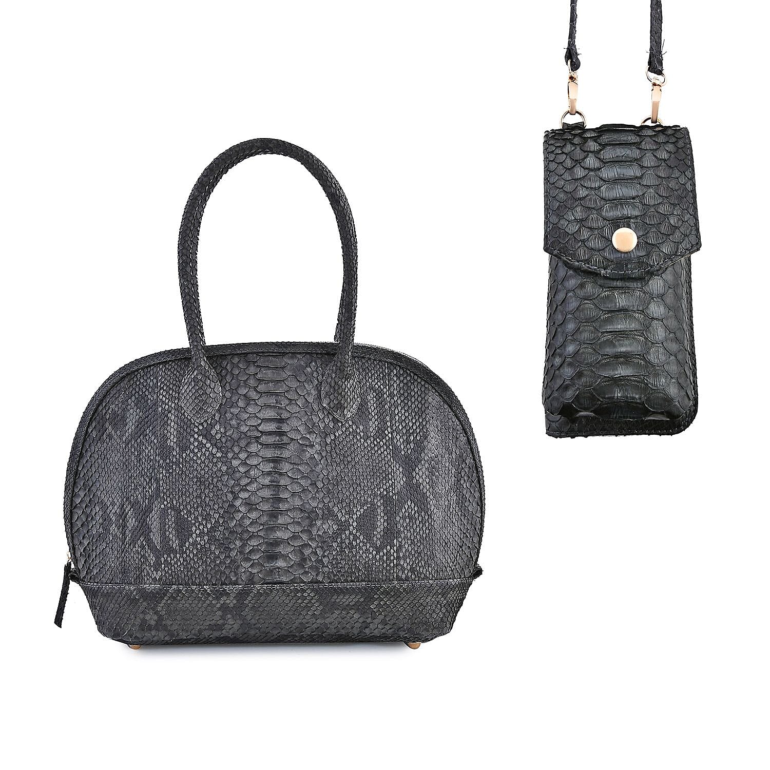Doorbuster The Grand Pelle Black Color 100% Genuine Python Leather Tote Bag (12.6"x5.51"x10.63") and Cell Phone Bag (8"x4"x2.2")