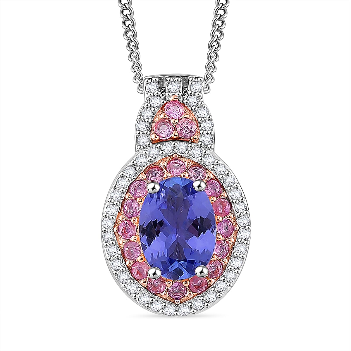 TLV Tanzanite (Oval), Multi Gemstone Double Halo Pendant Necklace (20 Inches) in Rhodium Over Sterling Silver 1.85 ctw