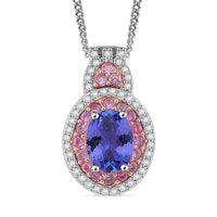TLV Tanzanite (Oval), Multi Gemstone Double Halo Pendant Necklace (20 Inches) in Rhodium Over Sterling Silver 1.85 ctw
