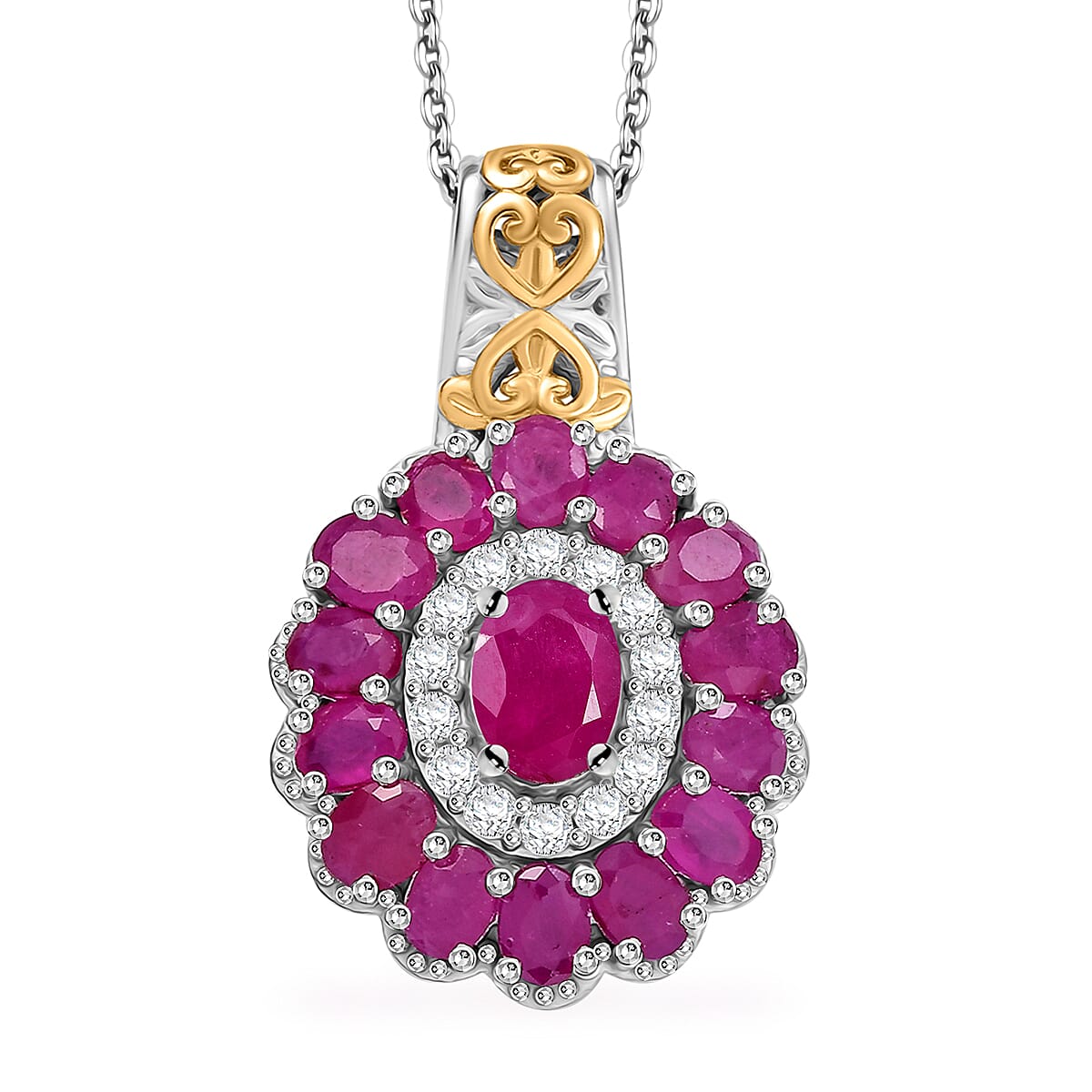 TLV Royal Ruby, White Zircon Floret Pendant Necklace (20 Inches) in 18K Vermil YG and Rhodium Sterling Silver 5.00 ctw