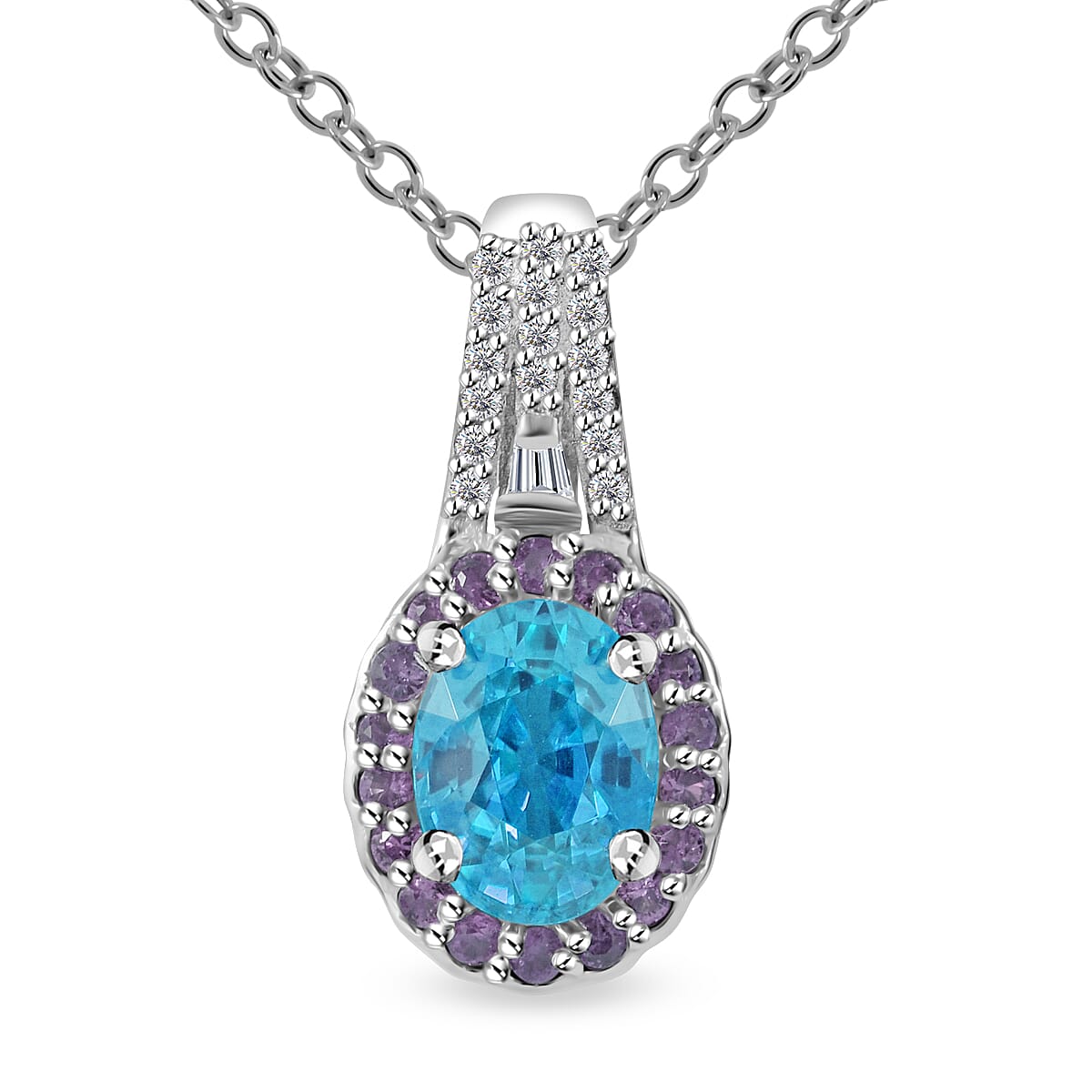TLV Cambodian Blue Zircon, Multi Gemstone Ocean Bloom Pendant Necklace (20 Inches) in Rhodium Over Sterling Silver 2.30 ctw