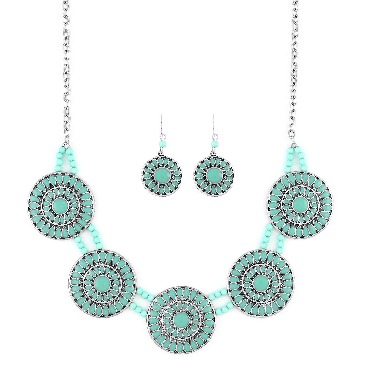 Turquoise 0.40 ctw Statement Enameled Necklace and Earrings in Silvertone 18 Inches