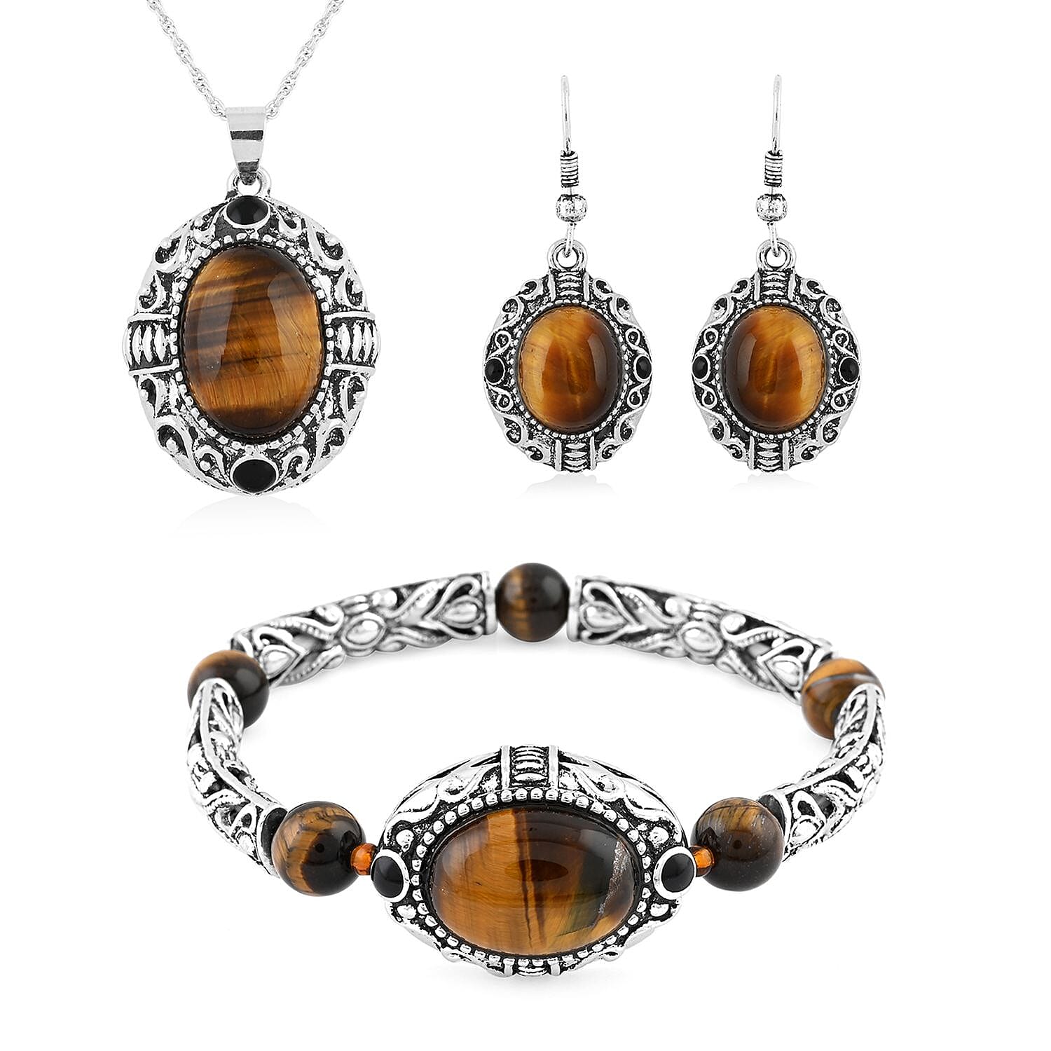 Tiger Eye and Black Obsidian 70.80 ctw Strechable Bracelet, Earrings, Pendant Necklace in Silvertone 18 Inches