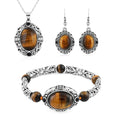 Tiger Eye and Black Obsidian 70.80 ctw Strechable Bracelet, Earrings, Pendant Necklace in Silvertone 18 Inches - Sticky add to cart bar