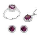 Simulated Amethyst and Simulated Diamond 9.00 ctw Ring (Size 10.0), Earrings, Pendant Necklace in Silvertone 18 Inches - Sticky add to cart bar