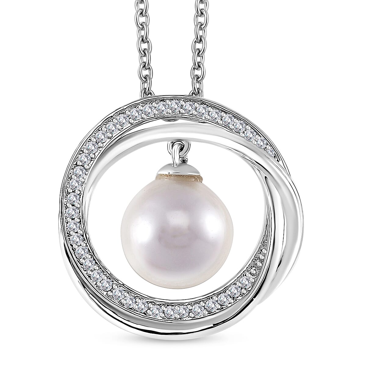 White Shell Pearl, Simulated Diamond Pendant in Silvertone with Stailess Steel Necklace (20 Inches) 0.25 ctw