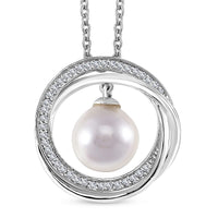 White Shell Pearl, Simulated Diamond Pendant in Silvertone with Stailess Steel Necklace (20 Inches) 0.25 ctw