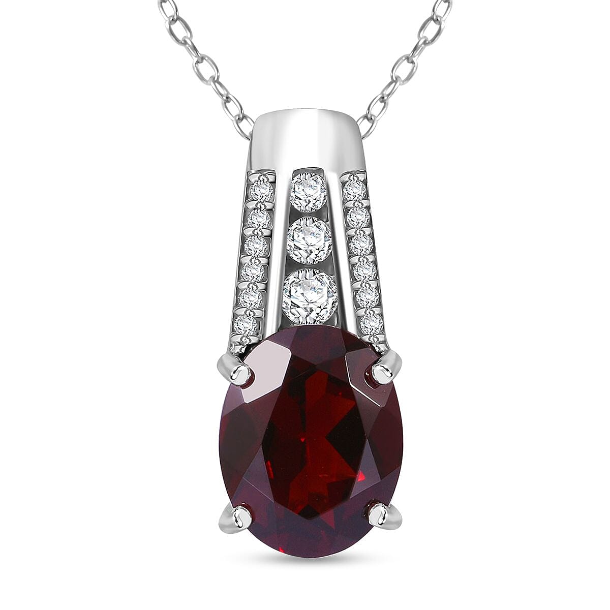 Mozambique Garnet and White Zircon 3.25 ctw Statement Pendant in Rhodium Over Sterling Silver with Stainless Steel Necklace 18 Inches